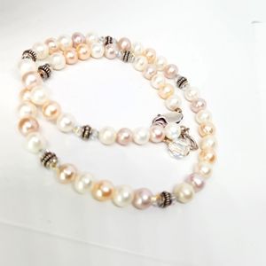 Vintage .925 Sterling Silver Natural Cream White Pink Edison Pearl & AB Necklace